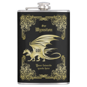 Dragon Monogram Gold Frame Traditional Book Cover Hip Flask