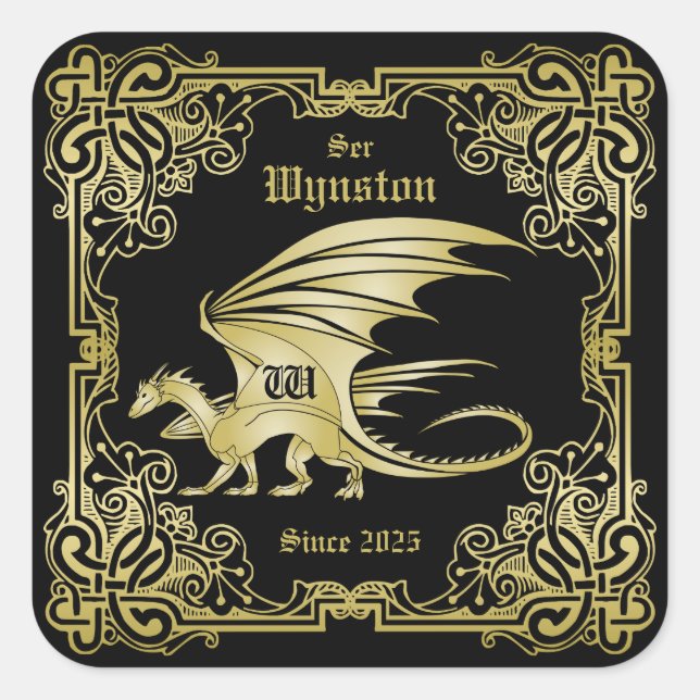 Dragon Monogram Gold Frame Traditional Book Cover Square Sticker (Front)