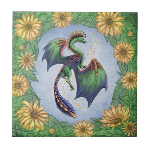 "Dragon of Summer" Flowers and Leaves Fantasy Art Tile
