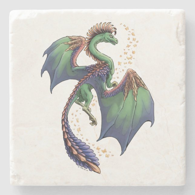 "Dragon of Summer" Flowers Fantasy Art Stone Coaster (Front)