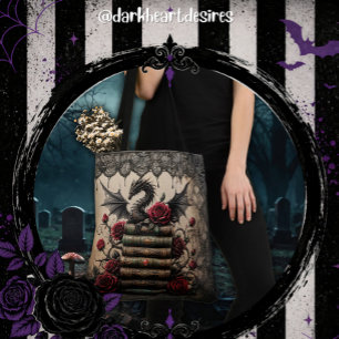 Dragon on Book Stack with Roses Tote Bag