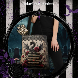 Dragon on Book Stack with Roses Tote Bag