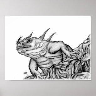 Dragon on the rock in black and white design poster