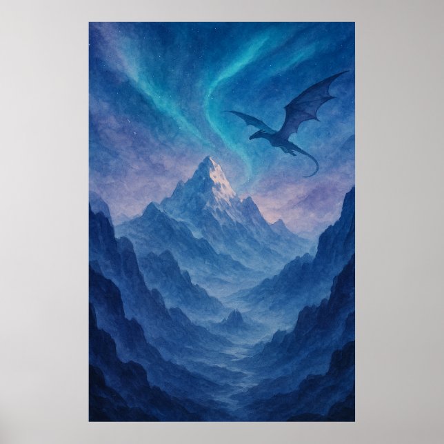 Dragon Over Frozen Mountains – Epic Blue Fantasy Poster (Front)