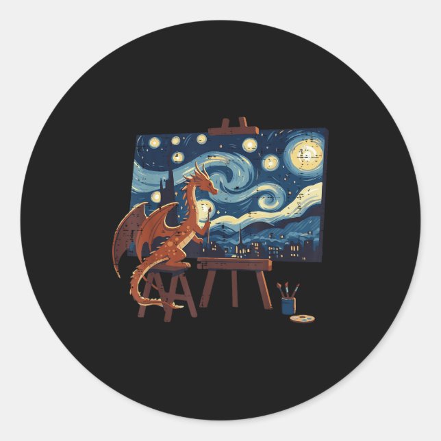 Dragon Painting Starry Night Funny Fantasy Art Men Classic Round Sticker (Front)