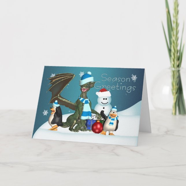 Dragon & Penguin Christmas Card, Season's Greeting Holiday Card (Front)