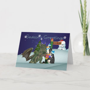 Dragon & Penguin Christmas Card, Season's Greeting Holiday Card