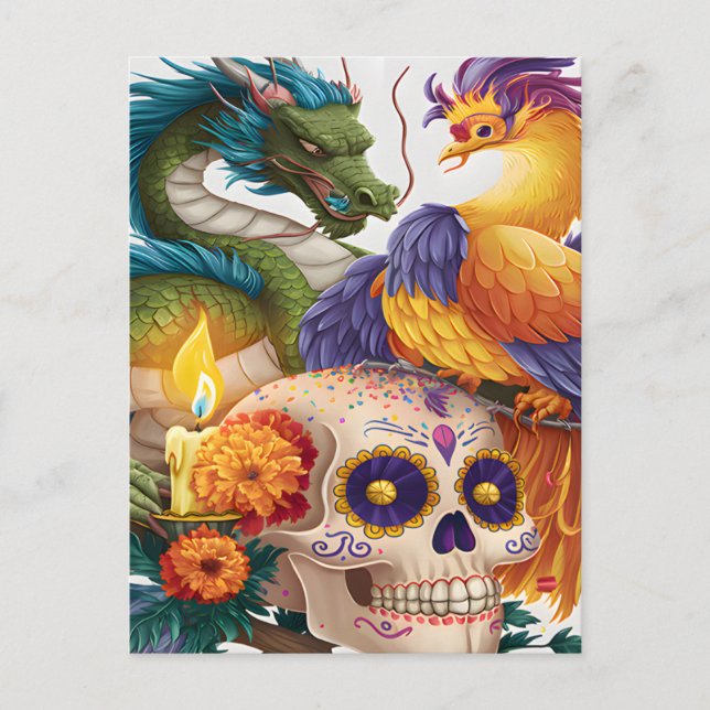 Dragon, Phoenix, And Skull Day Of The Dead Postcard (Front)