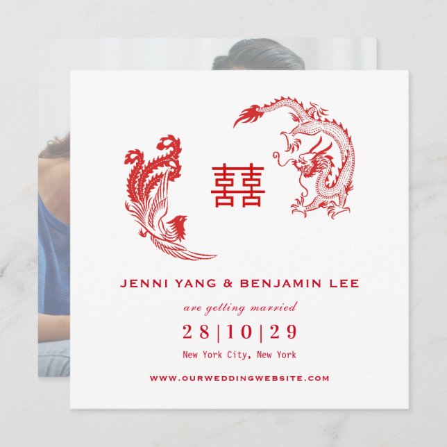 Dragon-Phoenix Chinese Photo Save The Date Invitation (Front/Back)