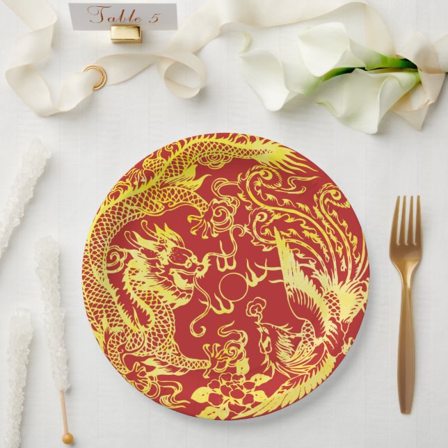 Dragon phoenix Chinese wedding logo Paper Plate (Wedding)