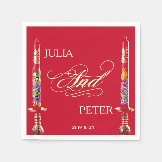 Dragon-Phoenix Red Candles Chinese Wedding Napkin (Front)