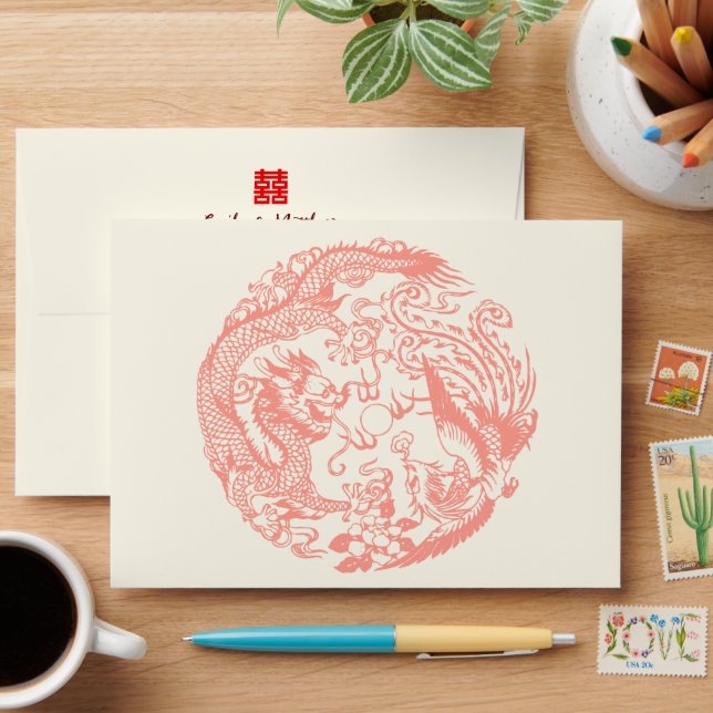 Dragon Phoenix red chinese wedding return address Envelope (Desk)