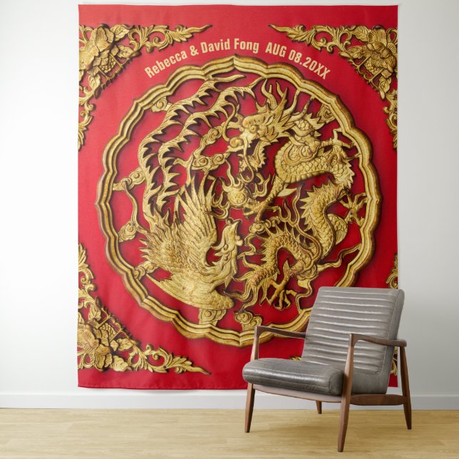 Dragon Phoenix Red Gold Chinese Wedding Backdrop Tapestry (In Situ)