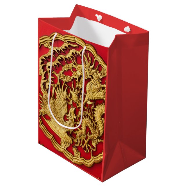 Dragon Phoenix Red Gold Chinese Wedding  Medium Gift Bag (Front Angled)