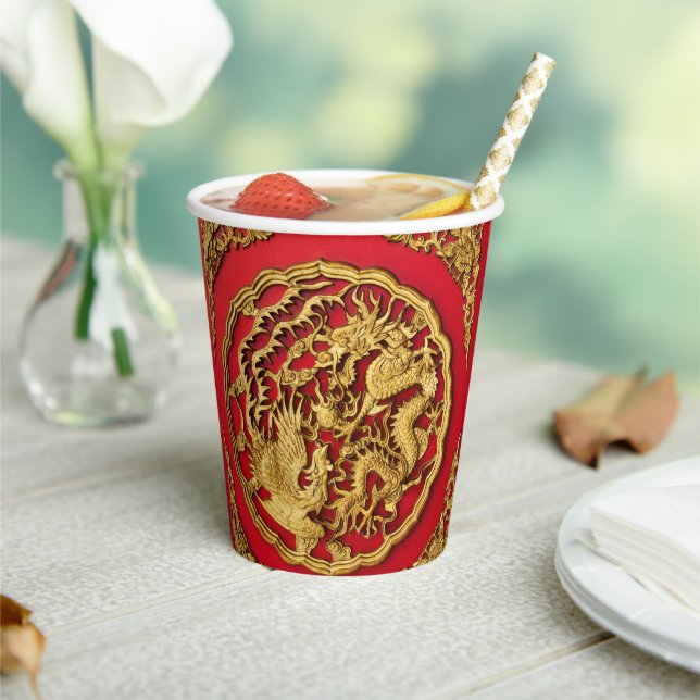 Dragon Phoenix Red Gold Chinese Wedding  Paper Cups (Insitu)