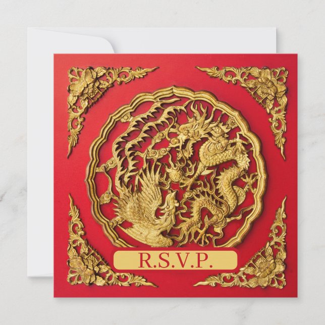 Dragon Phoenix Red Gold Chinese Wedding RSVP Invitation (Front)