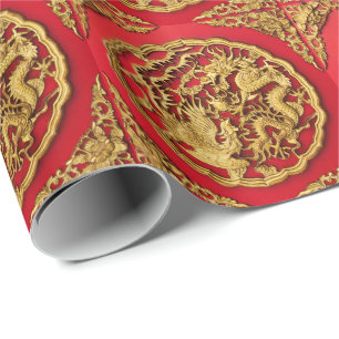 Dragon Phoenix Red Gold Chinese Wedding  Wrapping Paper