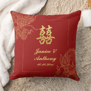 Dragon Phoenix Traditional Red Chinese Wedding  Cushion
