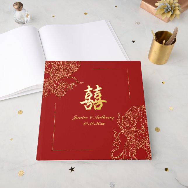 Dragon Phoenix Traditional Red Chinese Wedding  Guest Book (Front Open)