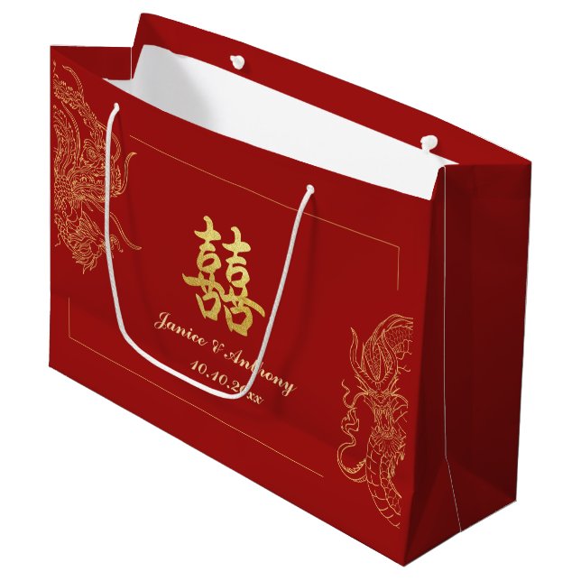 Dragon Phoenix Traditional Red Chinese Wedding  Large Gift Bag (Front Angled)
