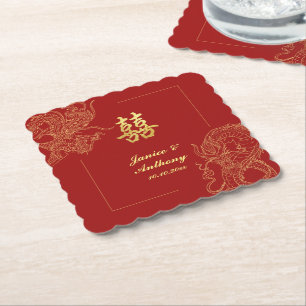 Dragon Phoenix Traditional Red Chinese Wedding Paper Coaster