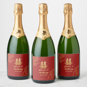 Dragon Phoenix Traditional Red Chinese Wedding Sparkling Wine Label