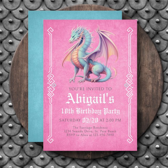 Dragon Pink Aqua Girls Birthday Invitation (Creator Uploaded)