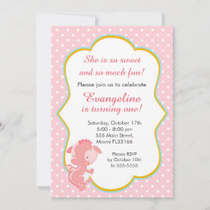 Dragon Pink Peach Girl Birthday Party Invitation