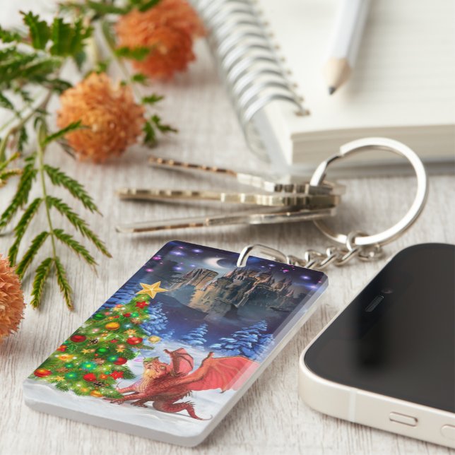 Dragon Pulling on Christmas Tree Key Ring (Front Right)