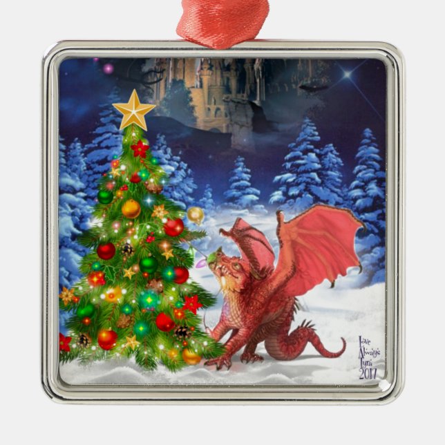 Dragon Pulling on Christmas Tree Metal Tree Decoration (Front)