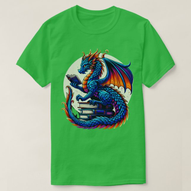 Dragon Reading a Book Bookworm Book Lover 1 T-Shirt (Design Front)
