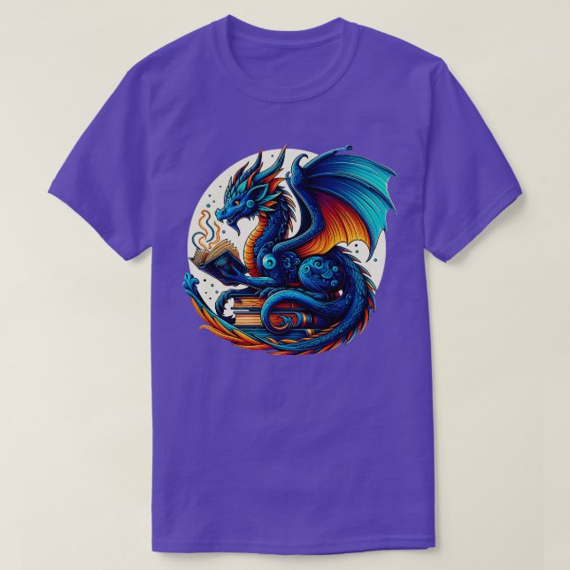 Dragon Reading a Book Bookworm Book Lover T-Shirt (Design Front)