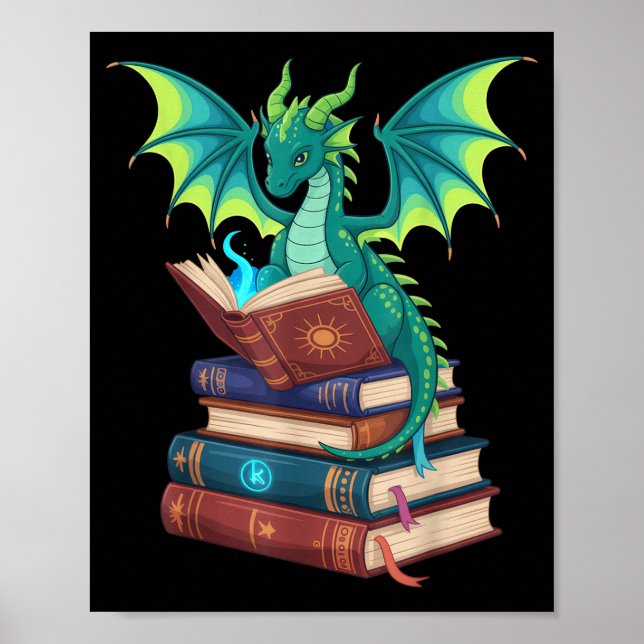 Dragon Reading Books Fantasy Lovers Mythical Creat Poster (Front)