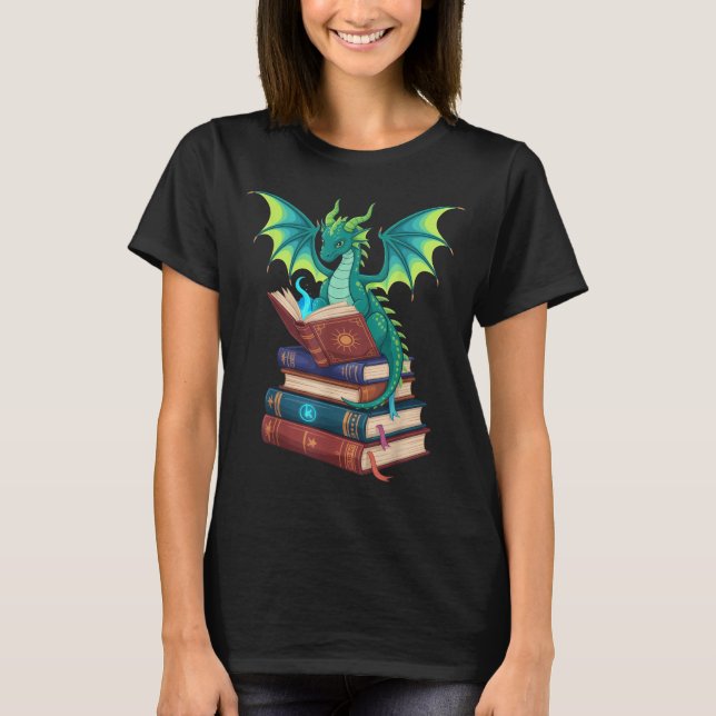 Dragon Reading Books Fantasy Lovers Mythical Creat T-Shirt (Front)