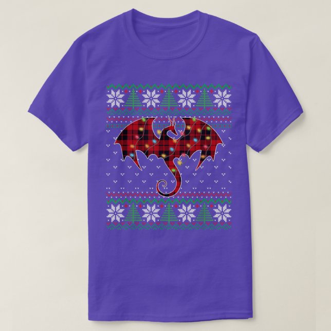 Dragon Red Plaid Ugly Sweater Christmas Lights Dra (Design Front)