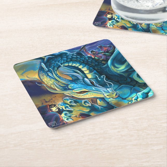 Dragon Rider and Sorcerer Square Paper Coaster (Angled)