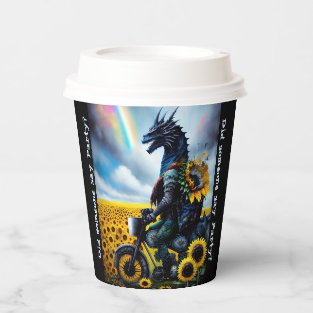 Dragon Riding A Motobike Through Sunflowers Paper Cups (Front)