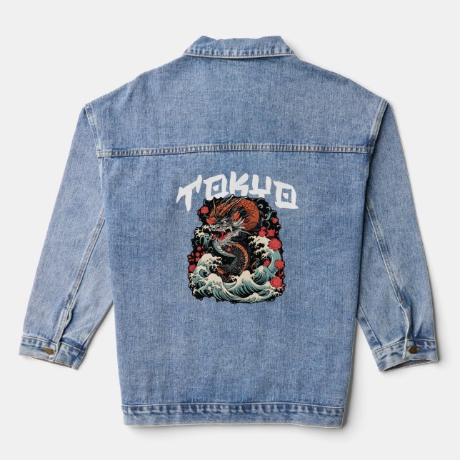 Dragon s Dance Japanese Retro Seascape Denim Jacket (Back)