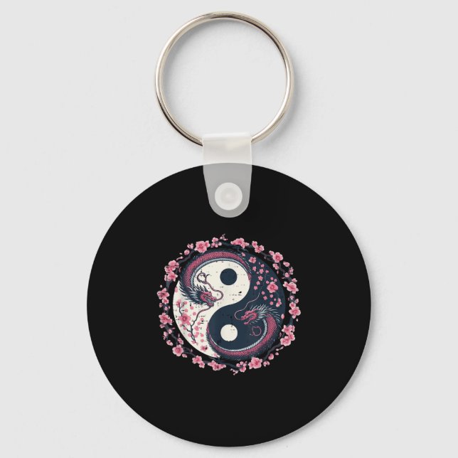 Dragon Sakura Yin Yang Japanese Cherry Blossoms Wo Key Ring (Front)