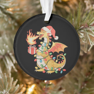 Dragon Santa Hat Christmas Lights Present Box Xmas Ornament