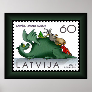 Dragon ~ Santa ~ Reindeer ~ Latvia ~ Stamp ~ Poster