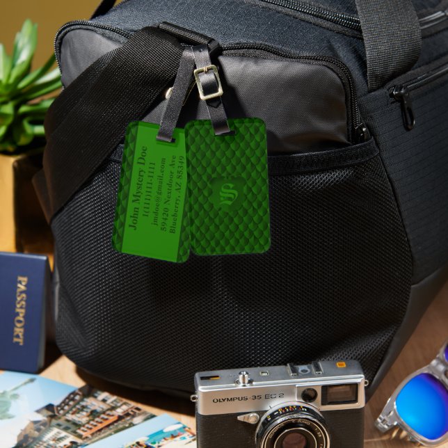 Dragon Scale Armour Emerald Green Monogram Luggage Tag (Front & Back)