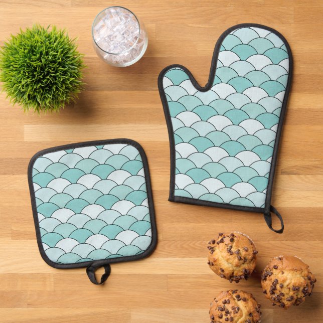Dragon Scales, Fans, Waves, Seigaiha, Blue Oven Mitt & Pot Holder Set (Top Down)