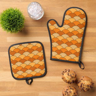 Dragon Scales, Fans, Waves, Seigaiha, Orange Oven Mitt & Pot Holder Set
