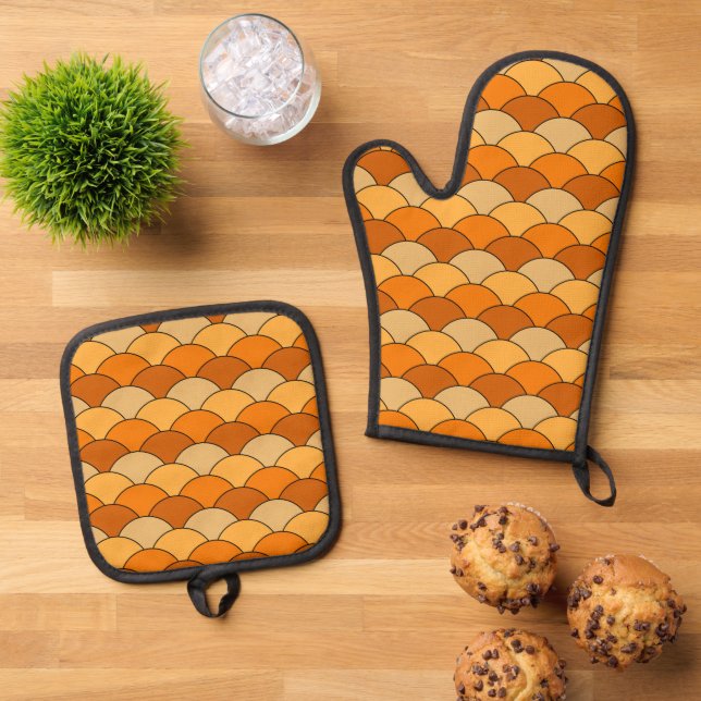 Dragon Scales, Fans, Waves, Seigaiha, Orange Oven Mitt & Pot Holder Set (Top Down)