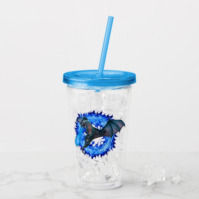 Dragon Serpent Breathing Fire Blue Flame Acrylic Tumbler (Back Ice)