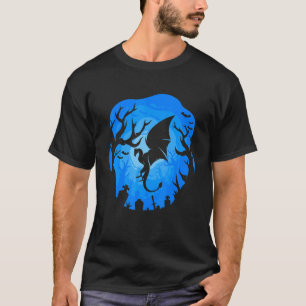 Dragon Silhouette Blue Background Forest Night Des T-Shirt
