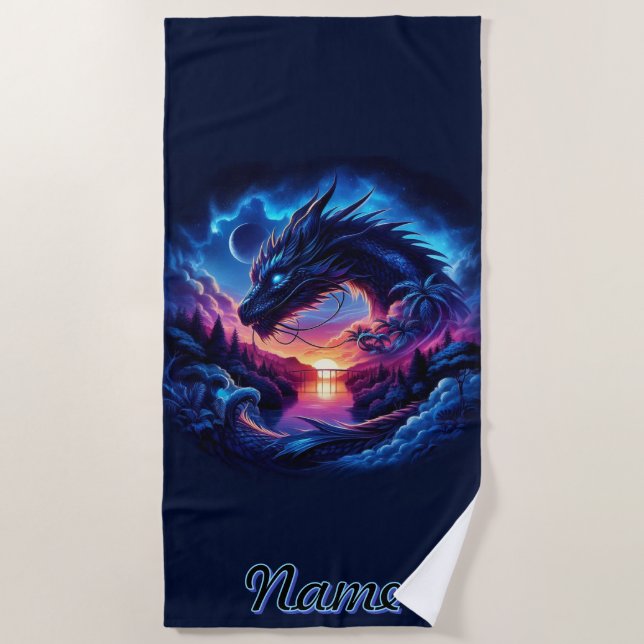 Dragon Silhouetted Against a Vibrant Sunset   Beach Towel (Front)