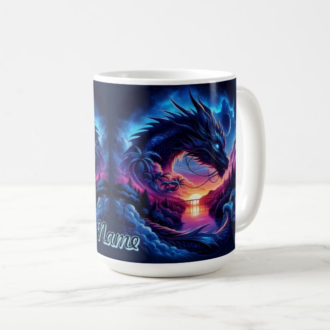 Dragon Silhouetted Against a Vibrant Sunset Coffee Mug (Front Right)