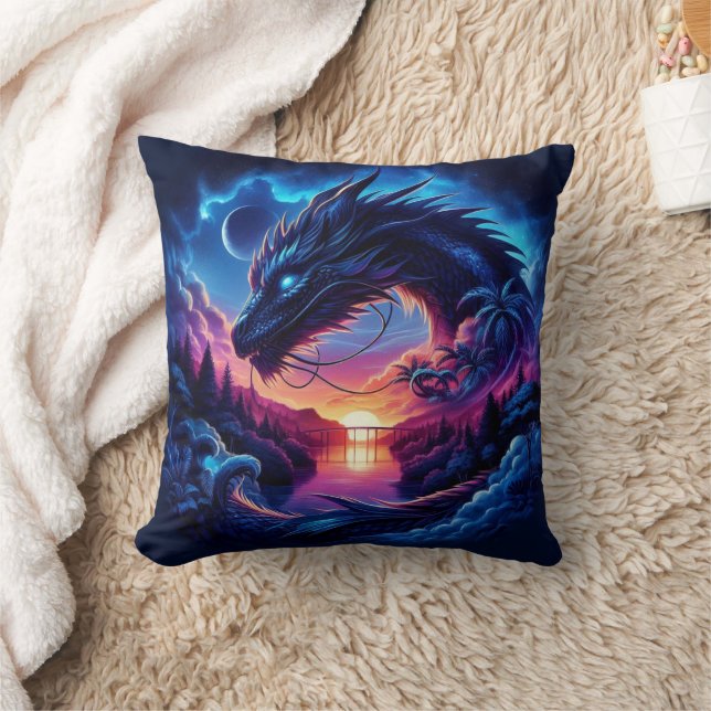 Dragon Silhouetted Against a Vibrant Sunset   Cushion (Blanket)